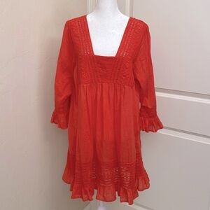 CUTE OPTIONS DRESS Womens L Mini Coral Ruffle sleeve Crochet Square Neck Beach